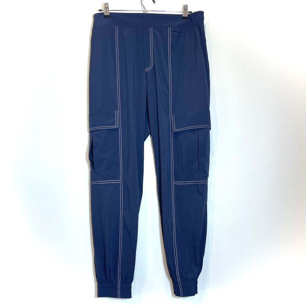 ATHLETA Women's Navy Blue Cargo Joggers Pants White Stitching Stretch Size 8